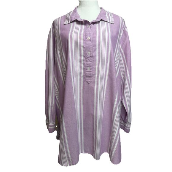 Woman Within Plus Sz 2X Tunic Top 1/4 button Up long sleeve Lavender White - Picture 1 of 13